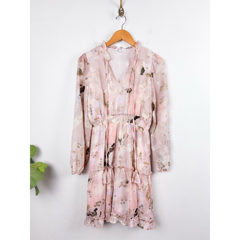 BTFL-Life Pink Ruffle Gold Embroidered Tiered Mini Dress Sz S